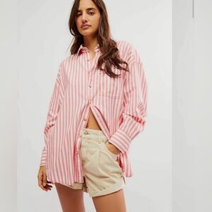 We The Free- Free People Freddie Stripe Shirt Oversized XS Pink Coral
